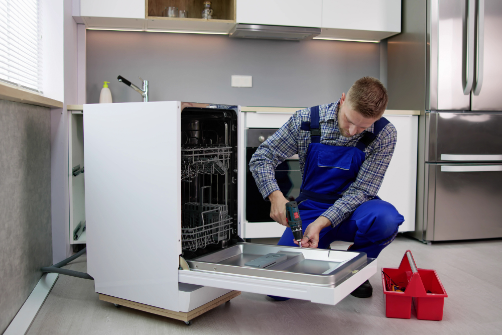 Bosch dishwasher repair technician fixing a Bosch Serie 6 dishwasher drainage issue in Dubai kitchen