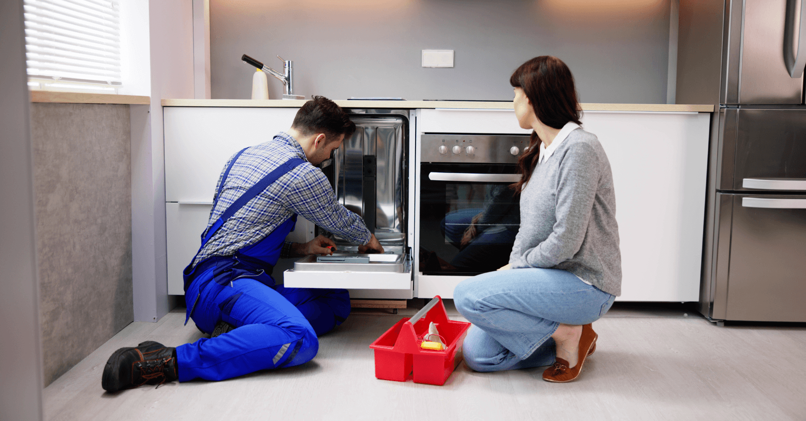 Samsung dishwasher repair expert working on Samsung digital inverter dishwasher in Dubai apartment