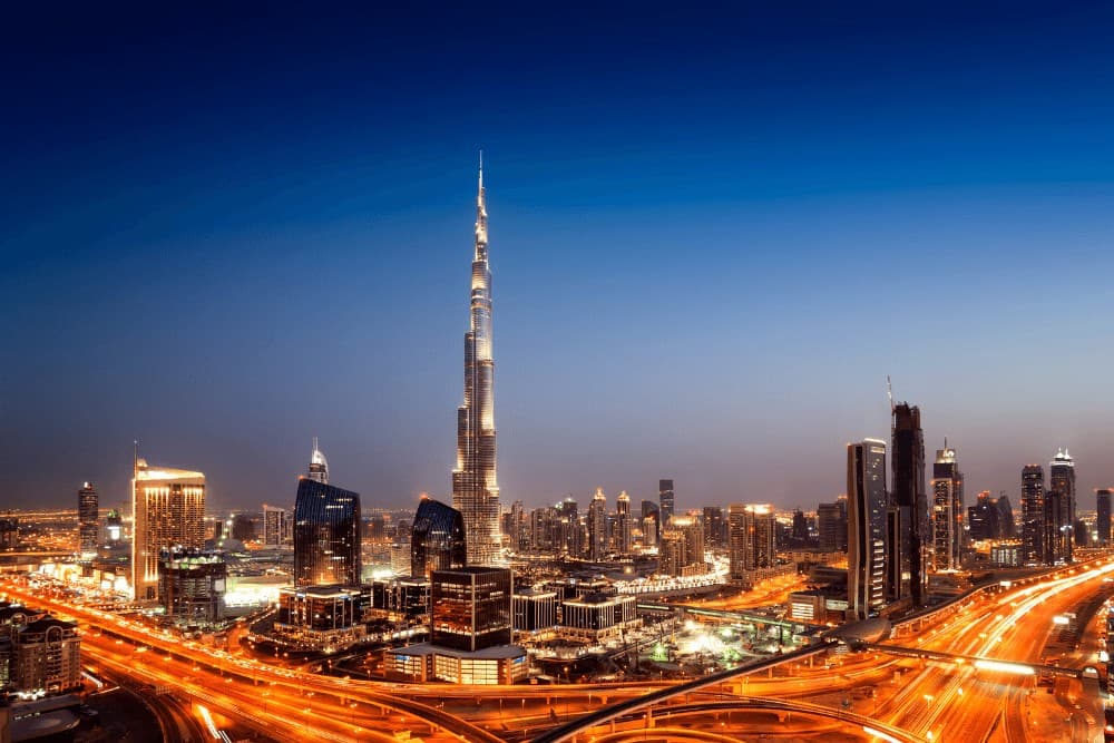 Downtown Dubai skyline with the Burj Khalifa and Sheikh Zayed Road interchange