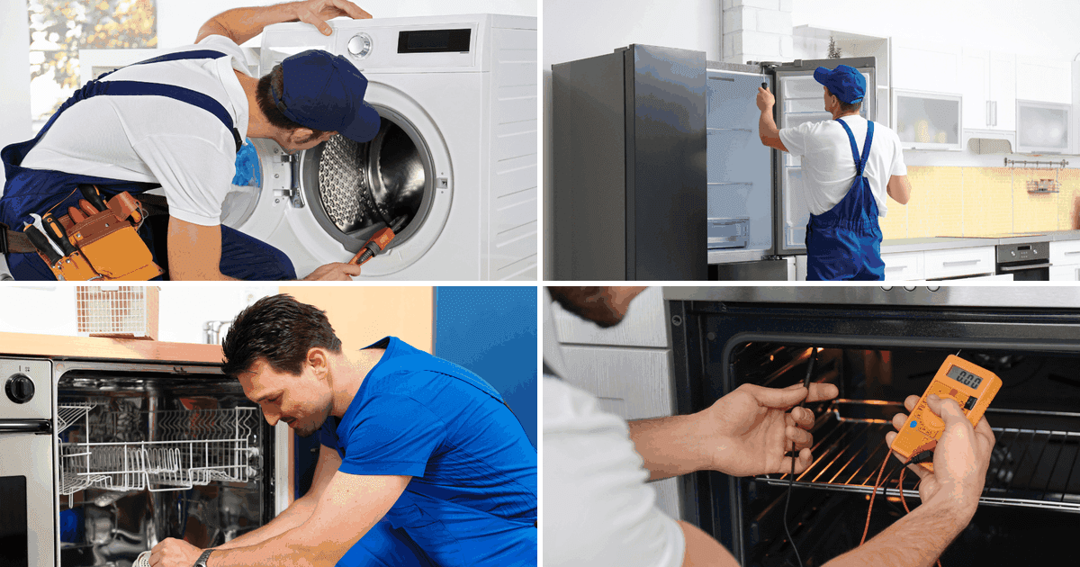 Four technicians at work on a washing machine, refrigerator, dishwasher and oven