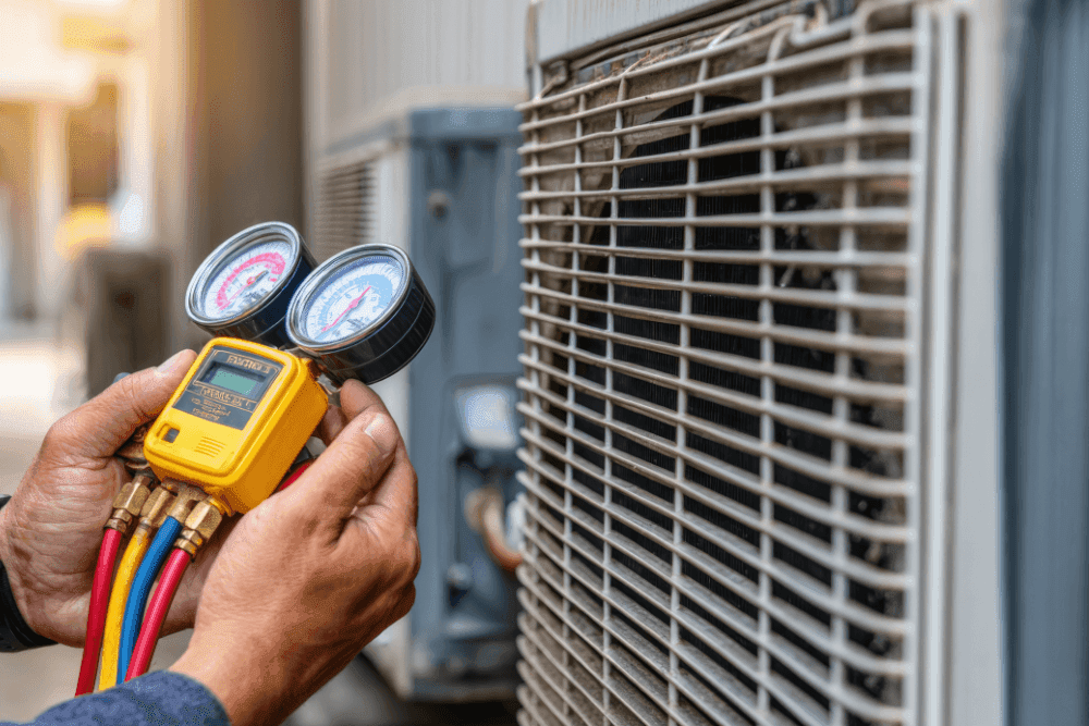 Technician holding a manifold pressure gauge set beside an outdoor air conditioner condenser unit