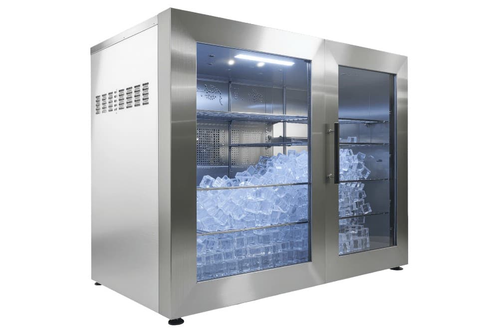 Glass-fronted stainless steel commercial ice storage cabinet lit from inside, with its shelves filled with ice