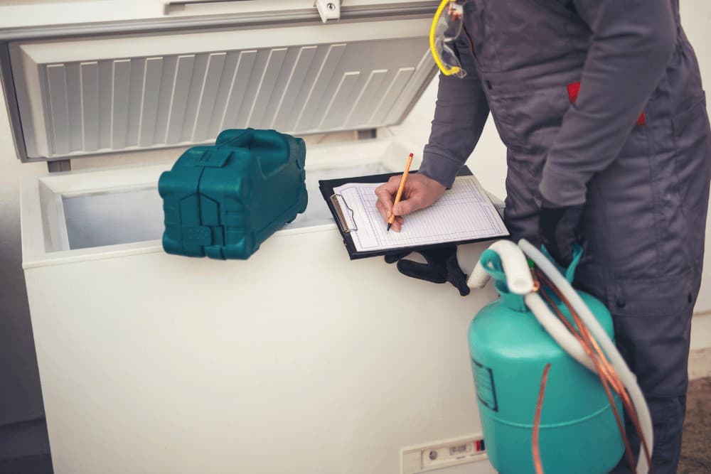 Technician in gray overalls with safety goggles at his collar writing on a clipboard beside an open chest freezer, with a teal toolbox on the lid and a refrigerant cylinder and hoses at the front
