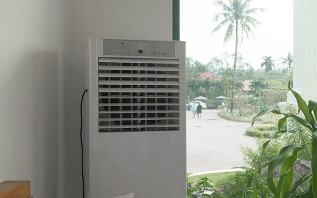 White portable evaporative air cooler standing on a tiled floor beside a window with a view of palm trees, positioned for use in a home living space