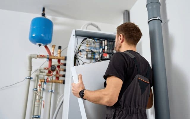 Technician checking the wiring and control panel of a wall-mounted electric water heater, with the pressure expansion vessel and copper pipework visible beside the unit in a utility room